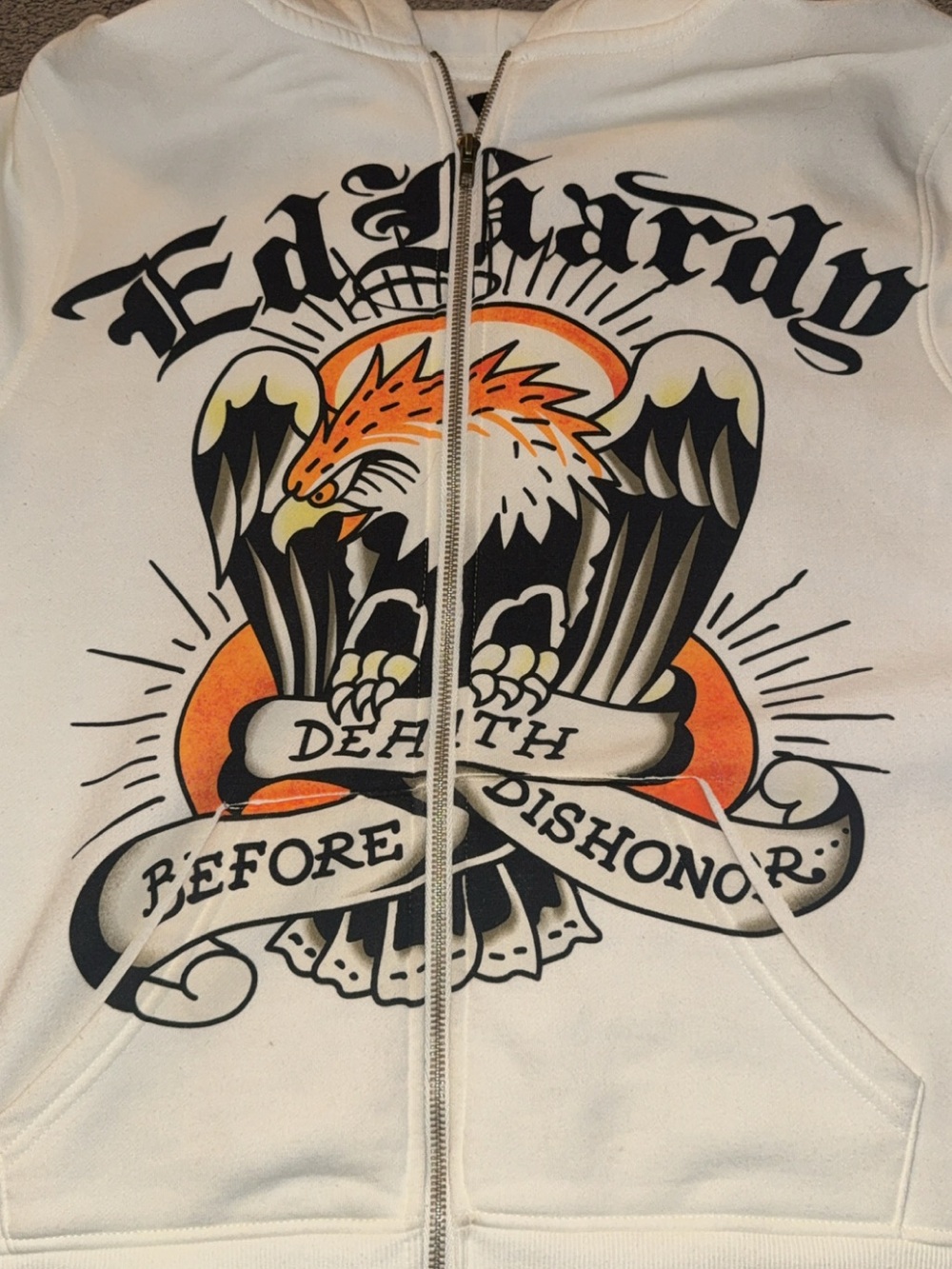 Ed Hardy White Fleece-Lined Hoodie with Logo Patch